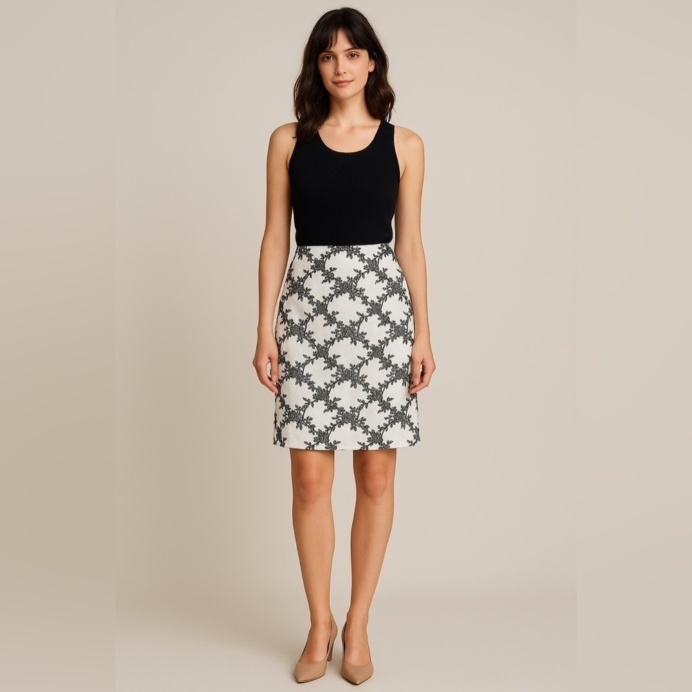 Ann Taylor Skirt 12 NWOT Wool Silk Embroidered Floral Lace Midi White Black